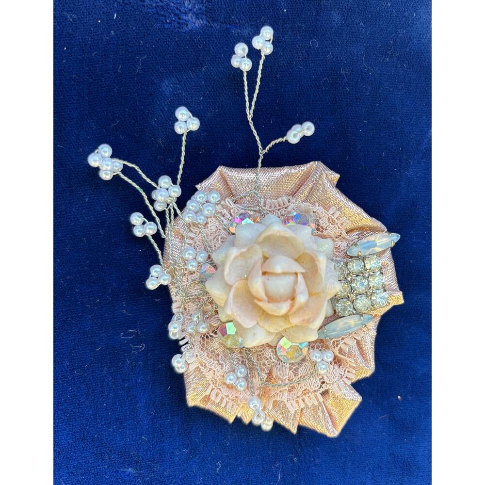Vintage Peach White Pearl Rhinestone Lace Custom Made Brooch 4" x 3" Wedding